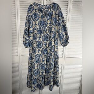 Dokotoo Blue White Boho Maxi Dress 2XL Floral Cottagecore Puff Sleeve
